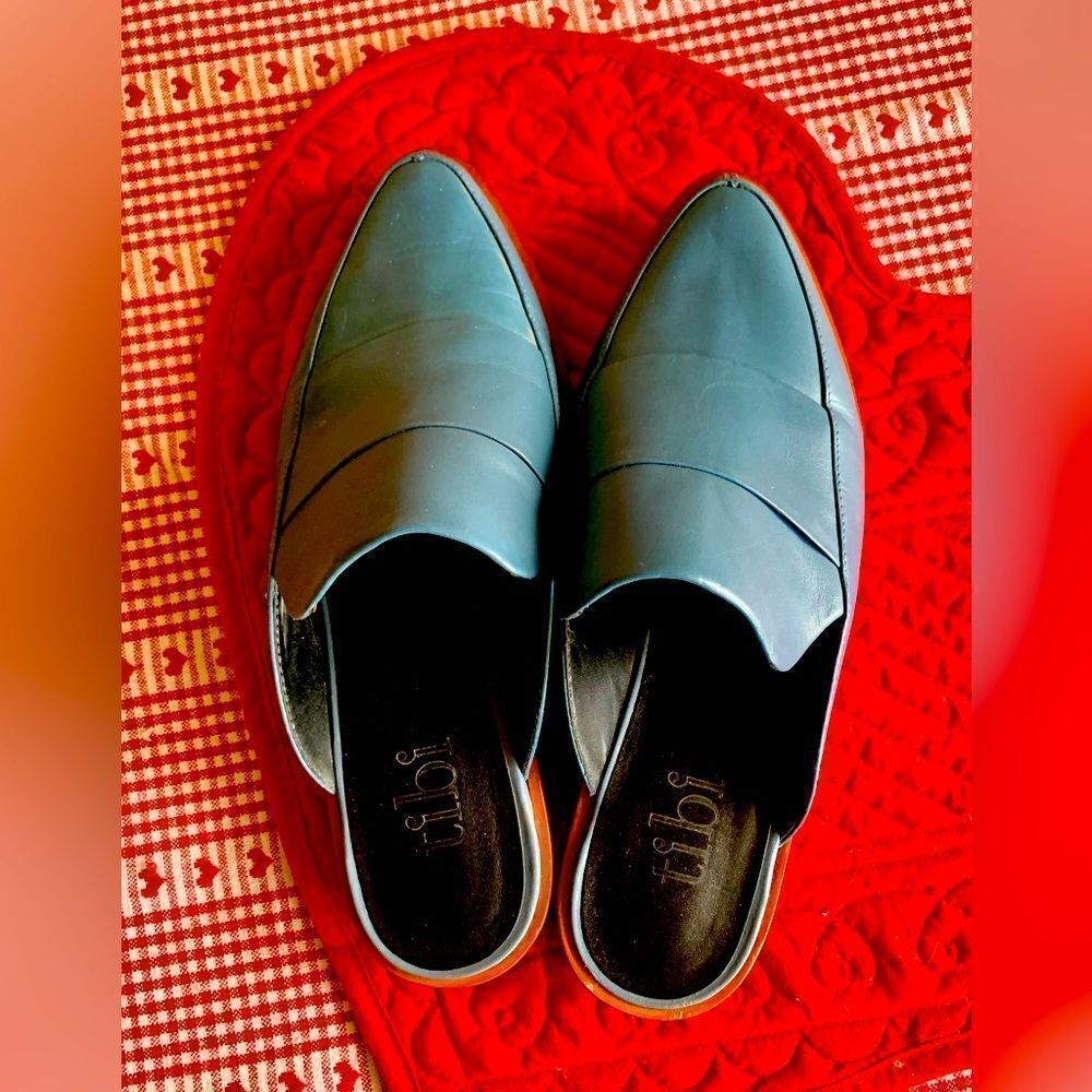 Tibi blue leather mules